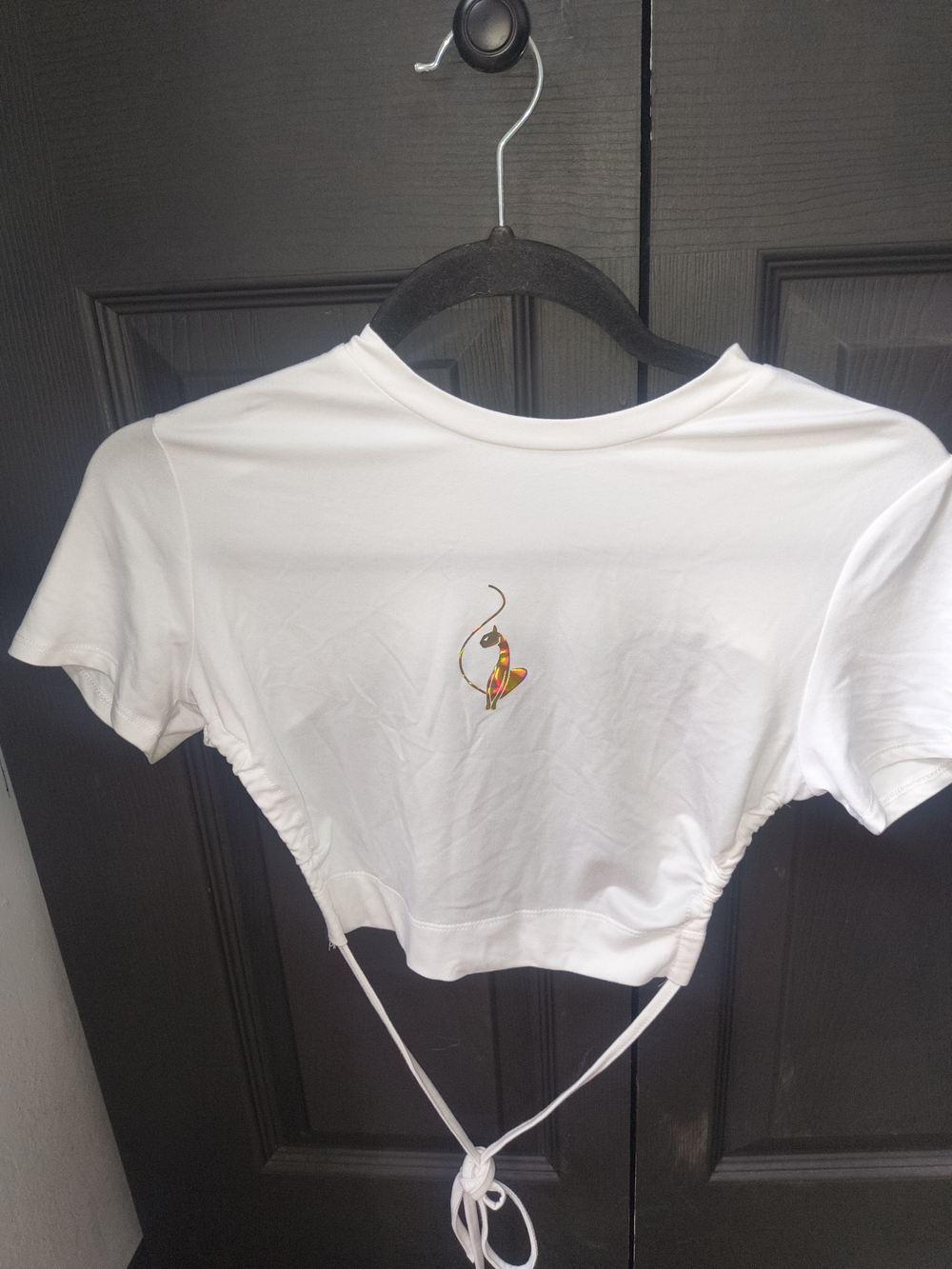 White Cropped Drawstring Women’s Top with Center Graphic